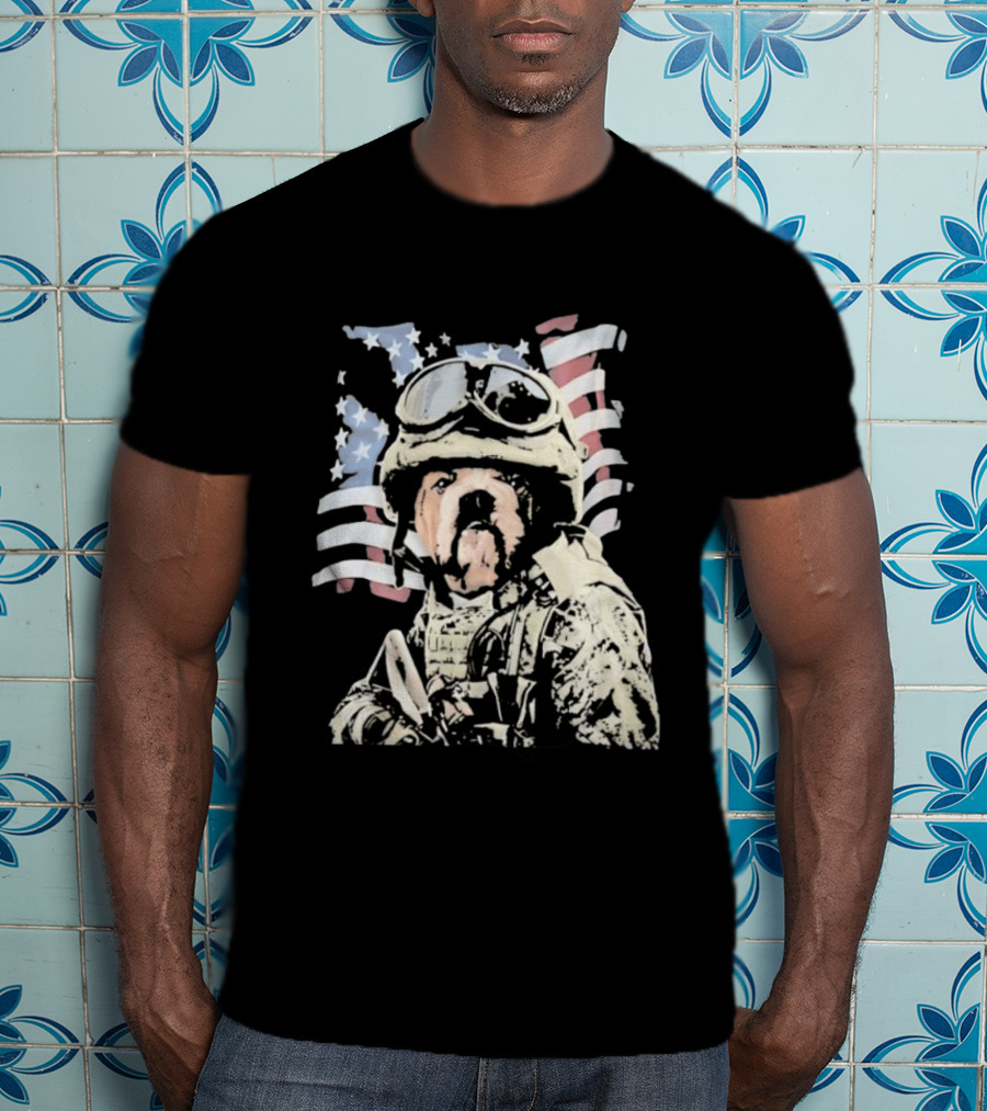 American Bulldog Soldier With United States Flag Goggles And Military Gear T-Shirt