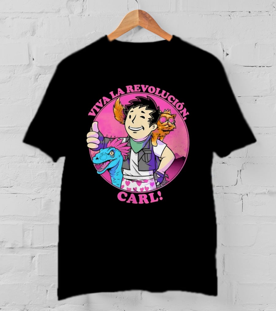 Viva La Revolución Carl Fallout Vault Boy Dinosaur Cat T-Shirt