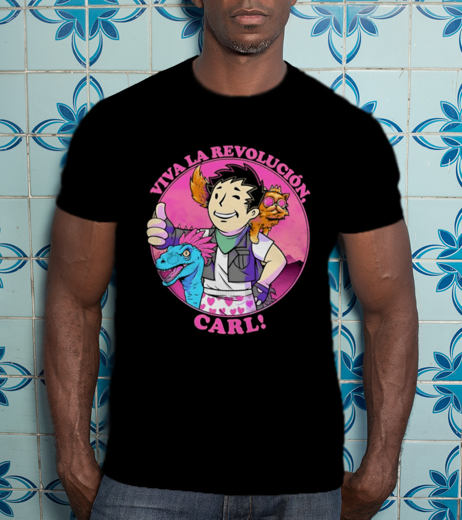 Viva La Revolución Carl Fallout Vault Boy Dinosaur Cat T-Shirt