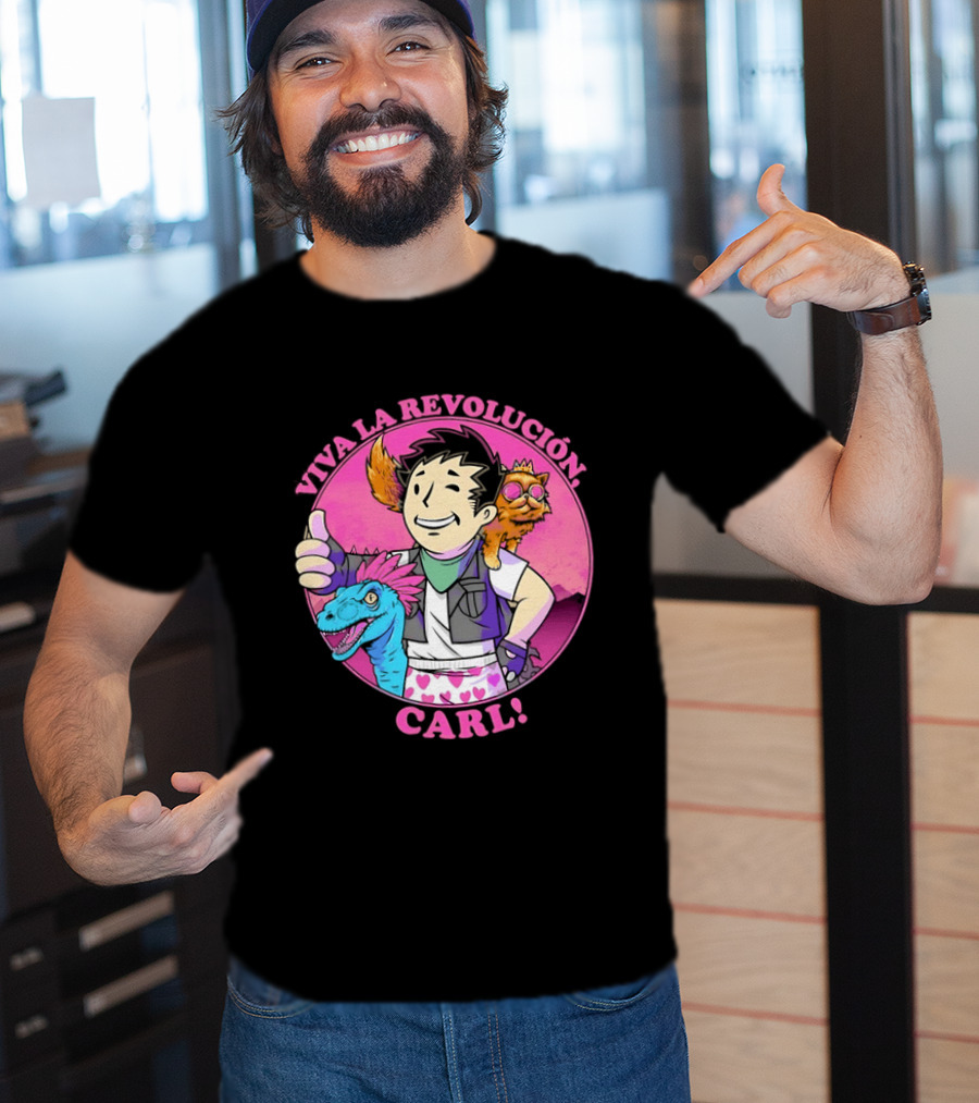 Viva La Revolución Carl Fallout Vault Boy Dinosaur Cat T-Shirt