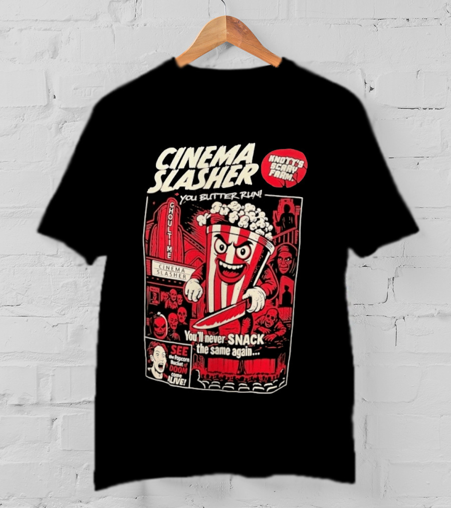 Cinema Slasher You Butter Run Knott's Scary Farm Popcorn Bucket Of Doom T-Shirt