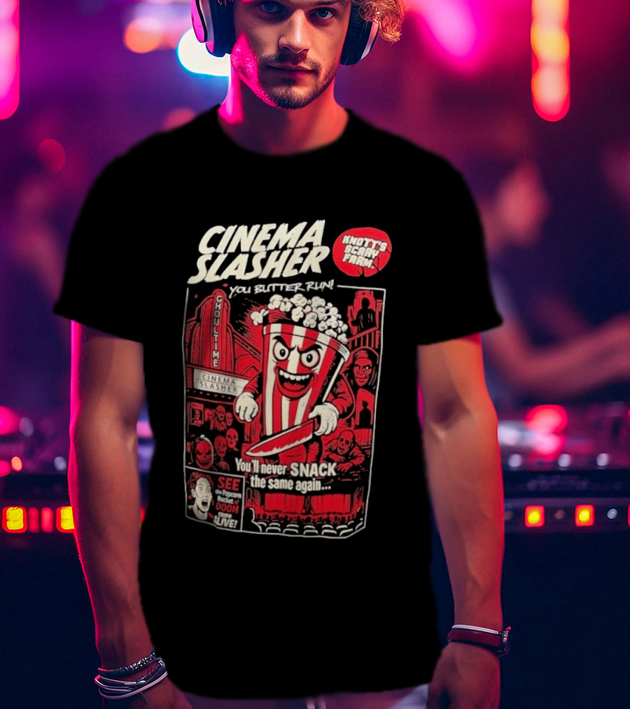 Cinema Slasher You Butter Run Knott's Scary Farm Popcorn Bucket Of Doom T-Shirt