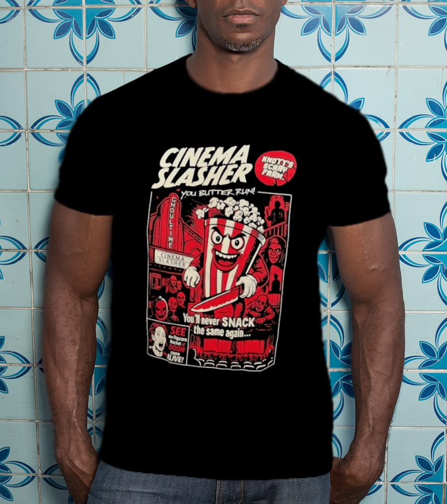 Cinema Slasher You Butter Run Knott's Scary Farm Popcorn Bucket Of Doom T-Shirt