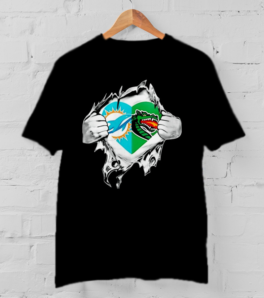 Miami Dolphins UAB Blazers Heart Superman Chest Rip T-Shirt