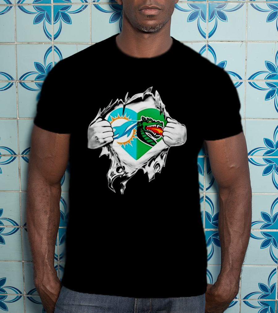 Miami Dolphins UAB Blazers Heart Superman Chest Rip T-Shirt