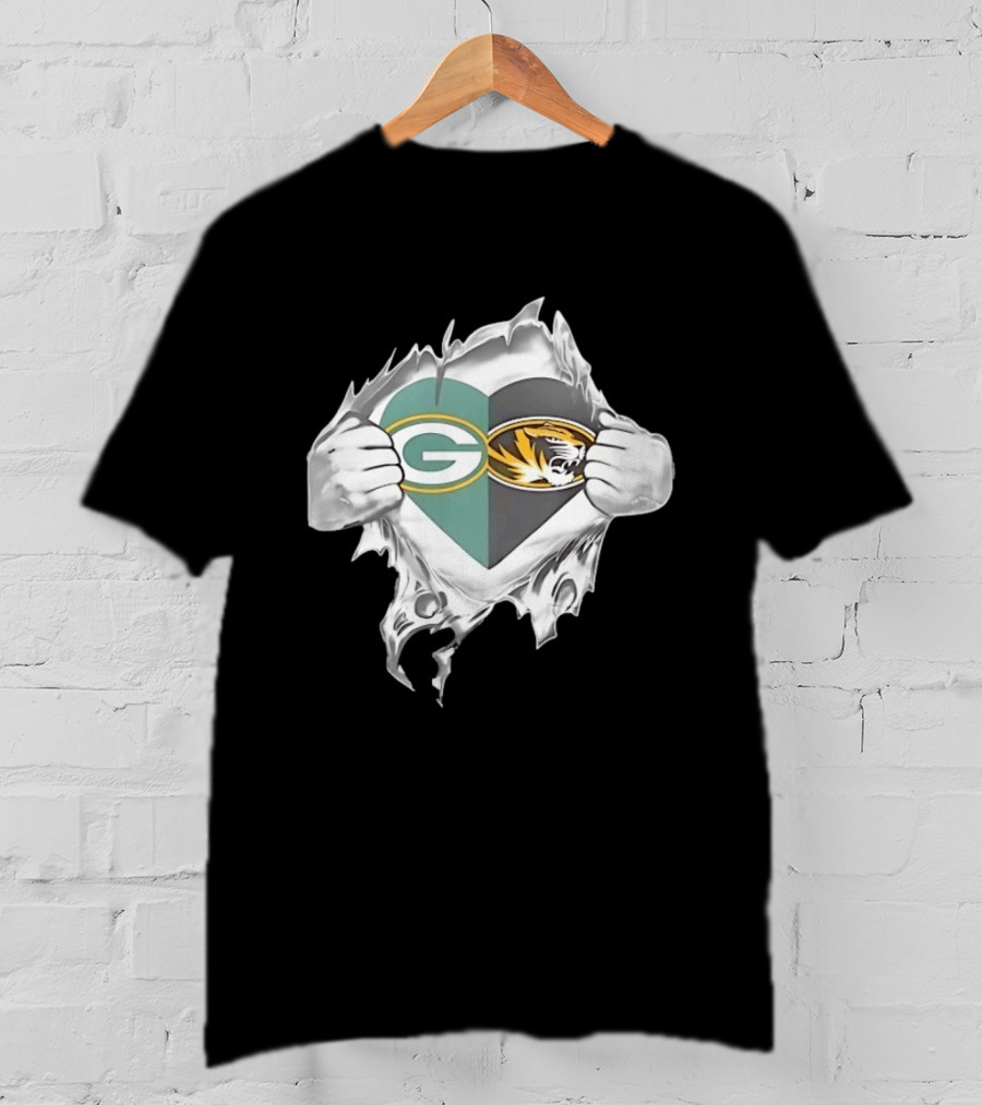 Green Bay Packers Missouri Tigers Heart Superman Chest Rip T-Shirt