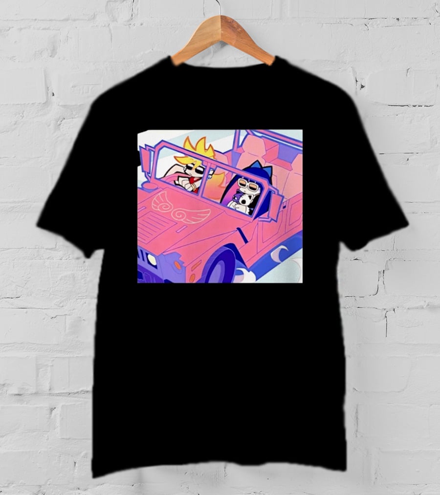 Panty And Stocking With Garterbelt Anime Characters Riding In Pink Car T-Shirt