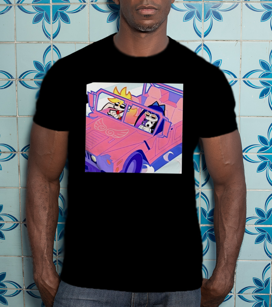 Panty And Stocking With Garterbelt Anime Characters Riding In Pink Car T-Shirt