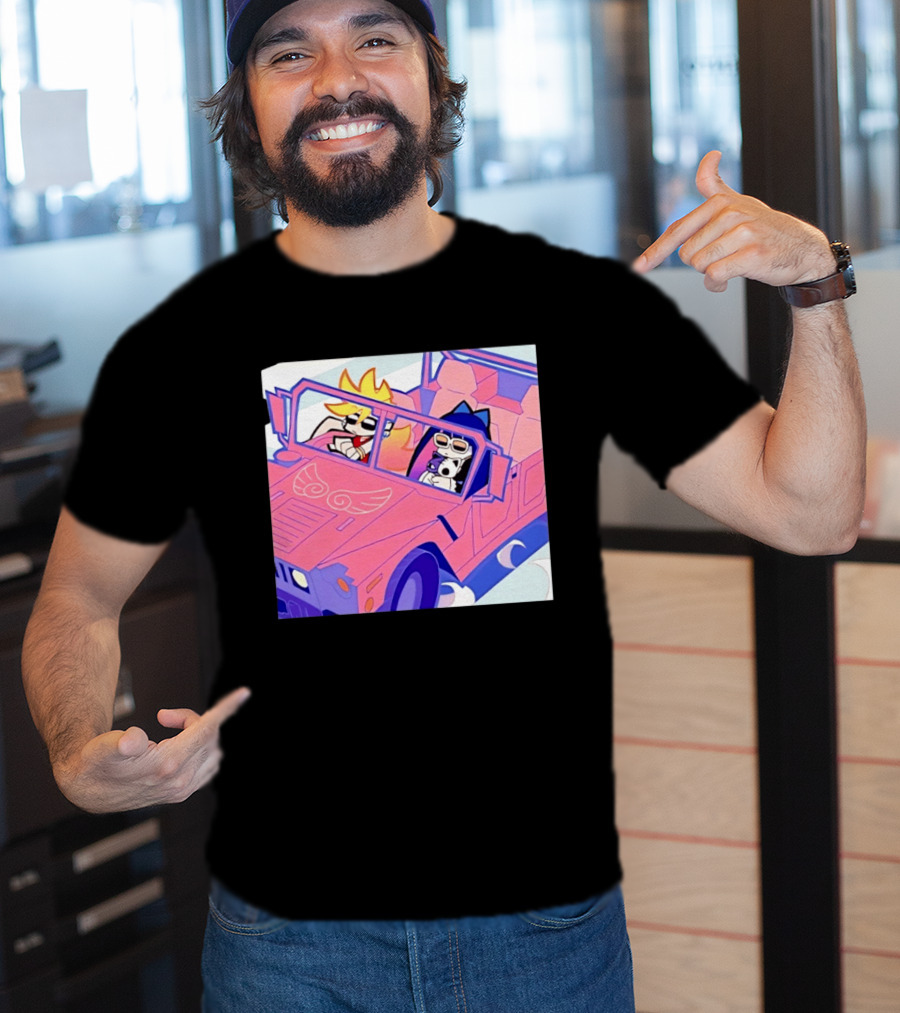 Panty And Stocking With Garterbelt Anime Characters Riding In Pink Car T-Shirt