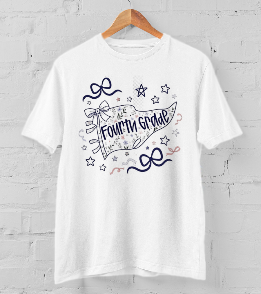 Fourth Grade Floral Pennant Bows And Stars Back To School T-Shirt