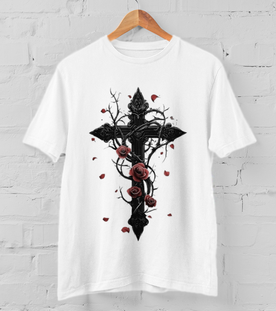 Gothic Cross Red Roses Thorns Religious Symbol Roses T-Shirt