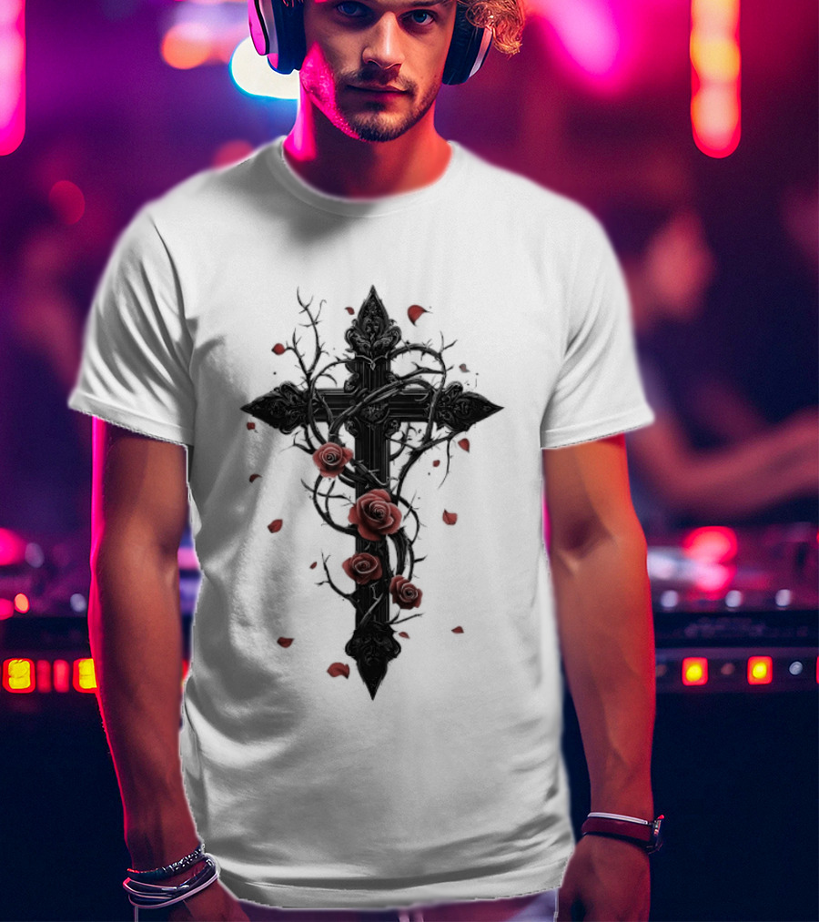 Gothic Cross Red Roses Thorns Religious Symbol Roses T-Shirt