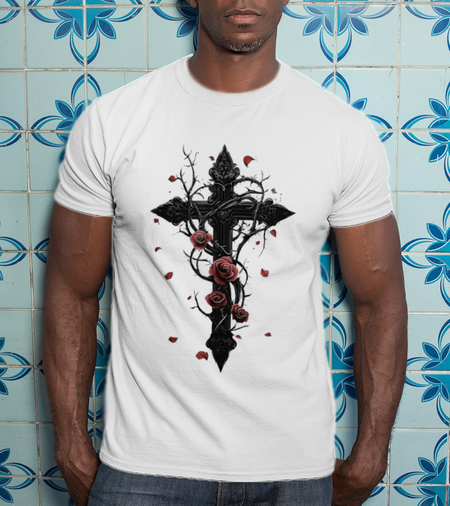 Gothic Cross Red Roses Thorns Religious Symbol Roses T-Shirt