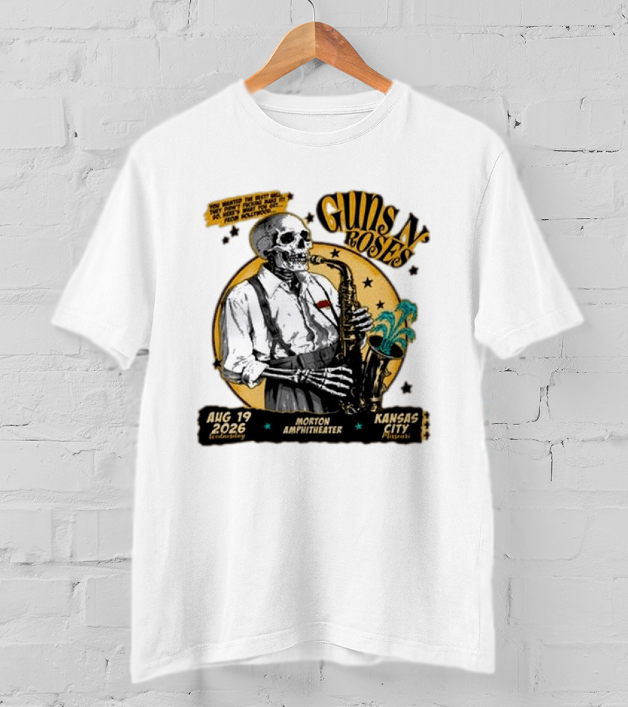 Guns N' Roses Aug 19 2026 Morton Amphitheater Kansas City Skeleton Saxophone T-Shirt