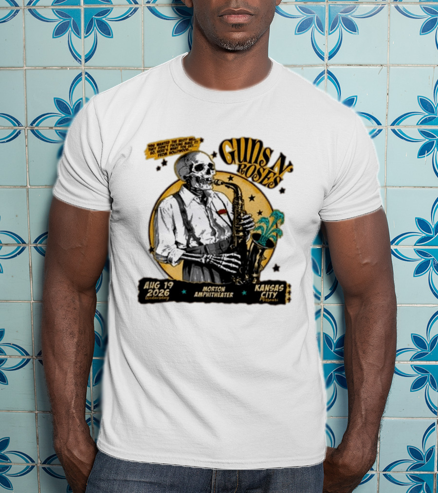 Guns N' Roses Aug 19 2026 Morton Amphitheater Kansas City Skeleton Saxophone T-Shirt