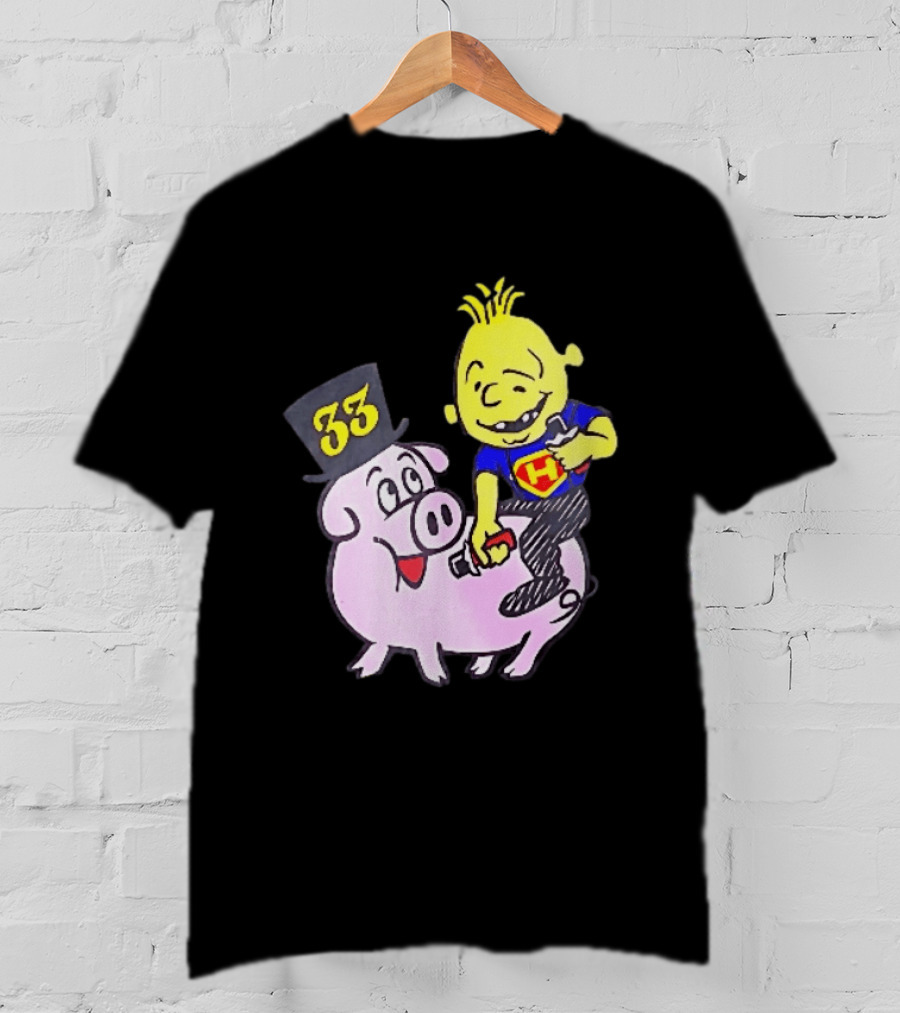33 Cartoon Boy Yellow Hair Riding Pink Pig Black Top Hat H Hero T-Shirt