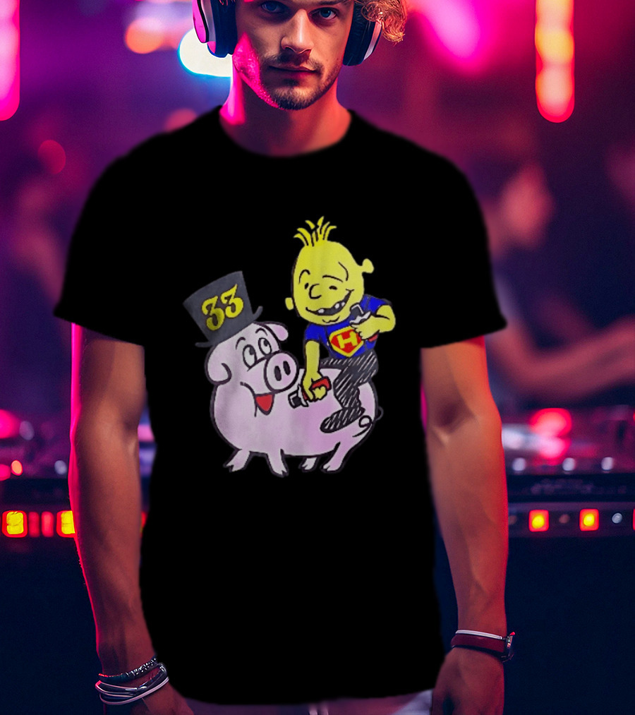 33 Cartoon Boy Yellow Hair Riding Pink Pig Black Top Hat H Hero T-Shirt