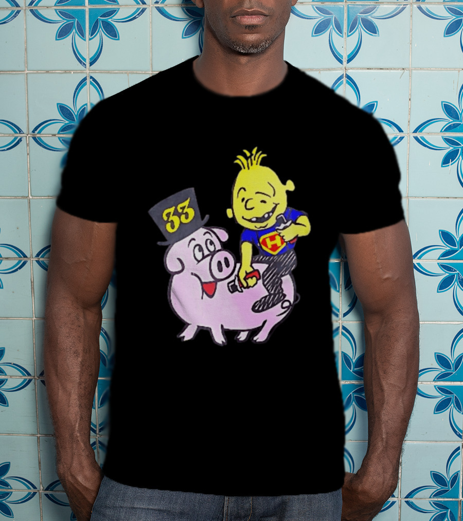 33 Cartoon Boy Yellow Hair Riding Pink Pig Black Top Hat H Hero T-Shirt