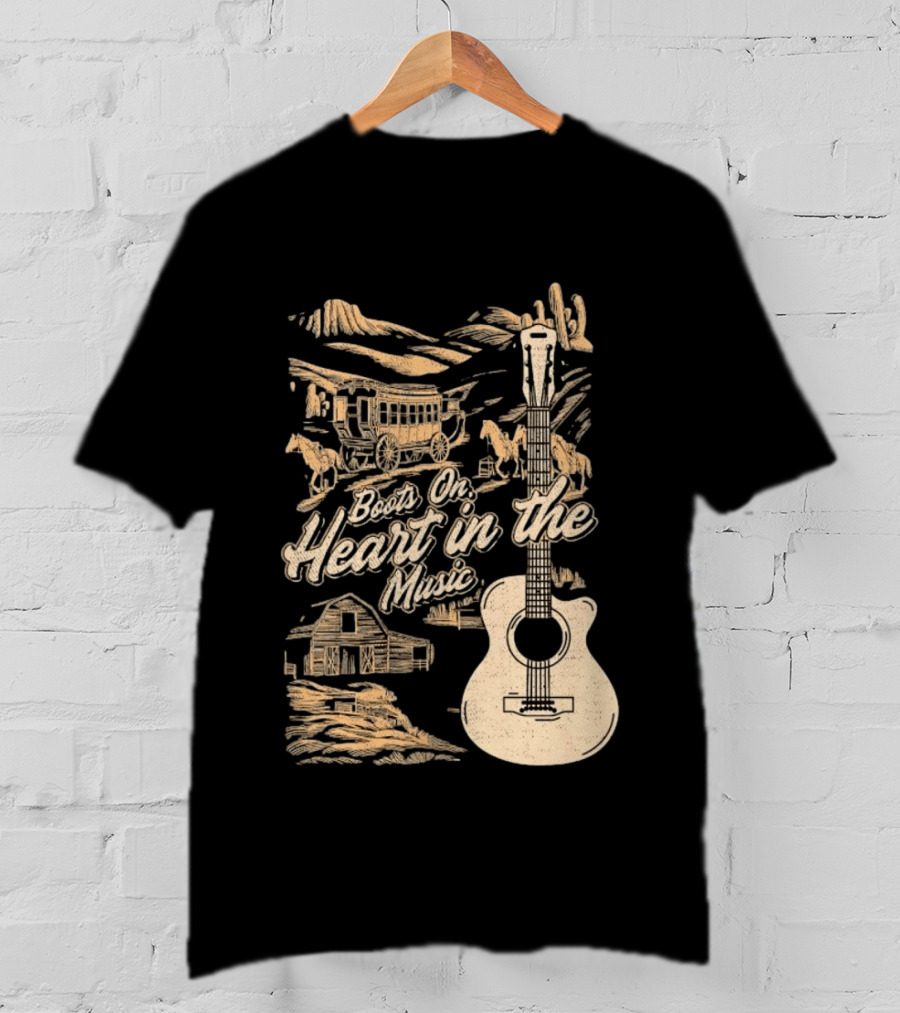Boots On Heart In The Music Acoustic Guitar Cowboy Stagecoach Barn Scene T-Shirt
