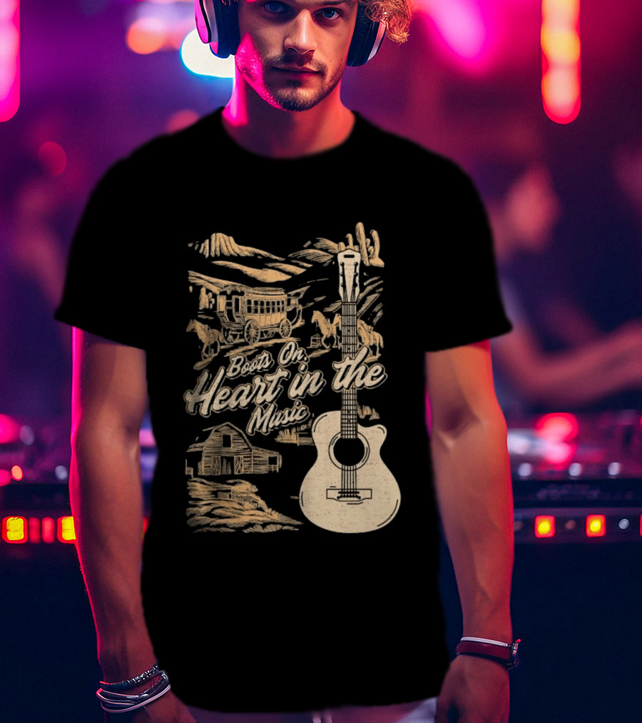 Boots On Heart In The Music Acoustic Guitar Cowboy Stagecoach Barn Scene T-Shirt