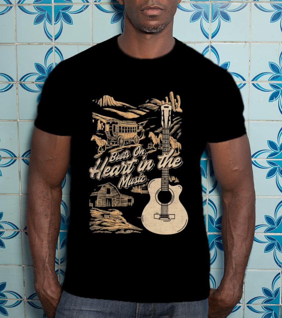 Boots On Heart In The Music Acoustic Guitar Cowboy Stagecoach Barn Scene T-Shirt