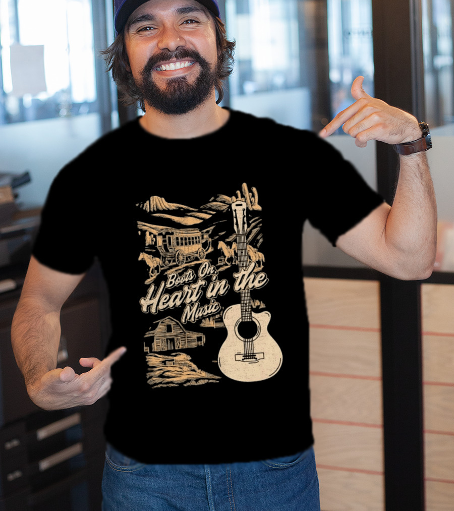 Boots On Heart In The Music Acoustic Guitar Cowboy Stagecoach Barn Scene T-Shirt