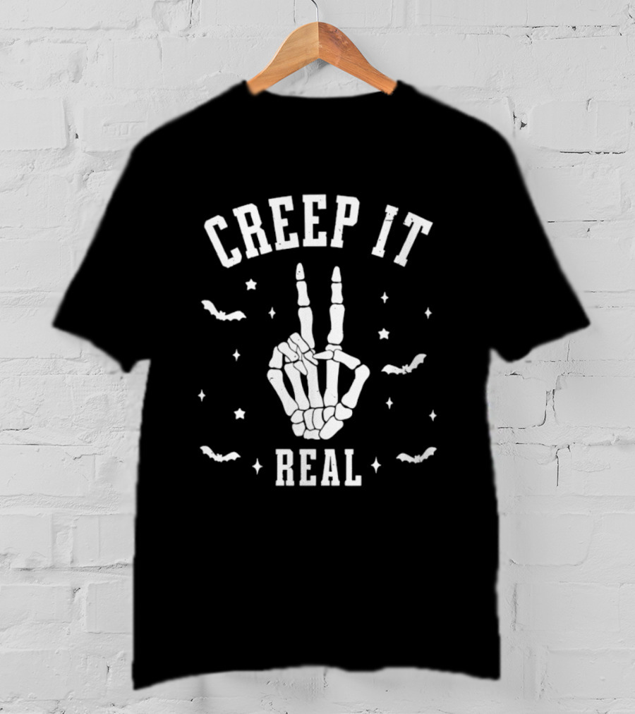Creep It Real Skeleton Hand Peace Sign Halloween Bats Stars T-Shirt