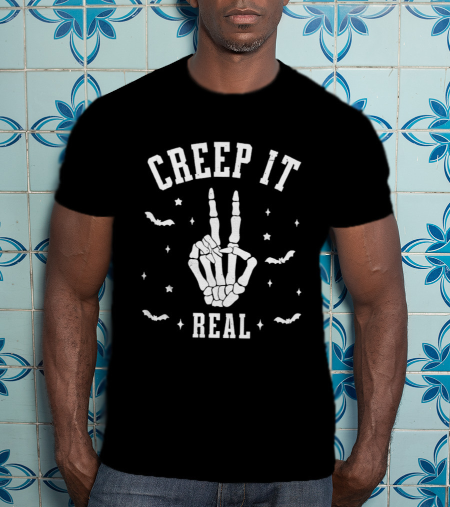 Creep It Real Skeleton Hand Peace Sign Halloween Bats Stars T-Shirt