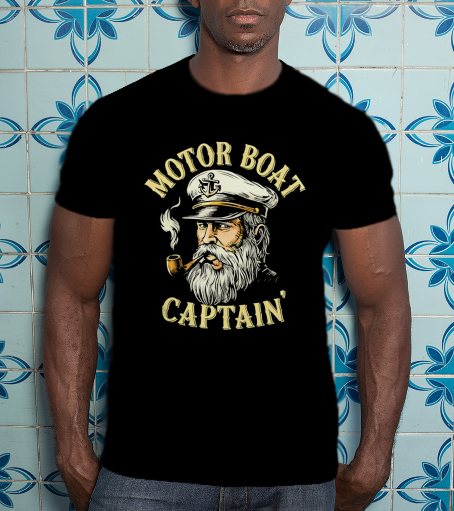 Motor Boat Captain Nautical Sea Sailor Pipe Smoking Beard T-Shirt