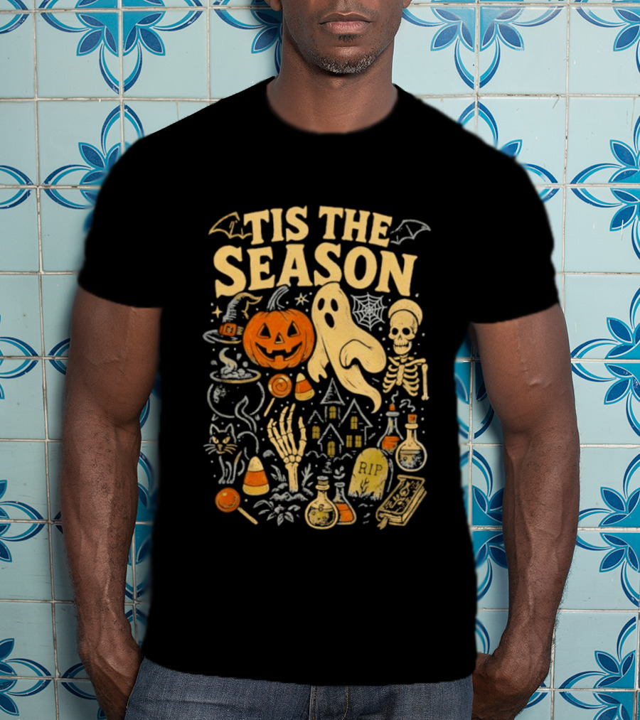 Tis The Season Halloween Pumpkin Ghost Skeleton Bats Candy T-Shirt