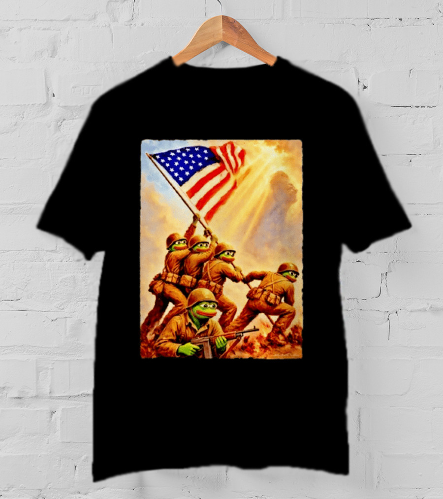 Pepe The Frog American Flag Soldiers Together We Win WWII Iwo Jima Memorial T-Shirt