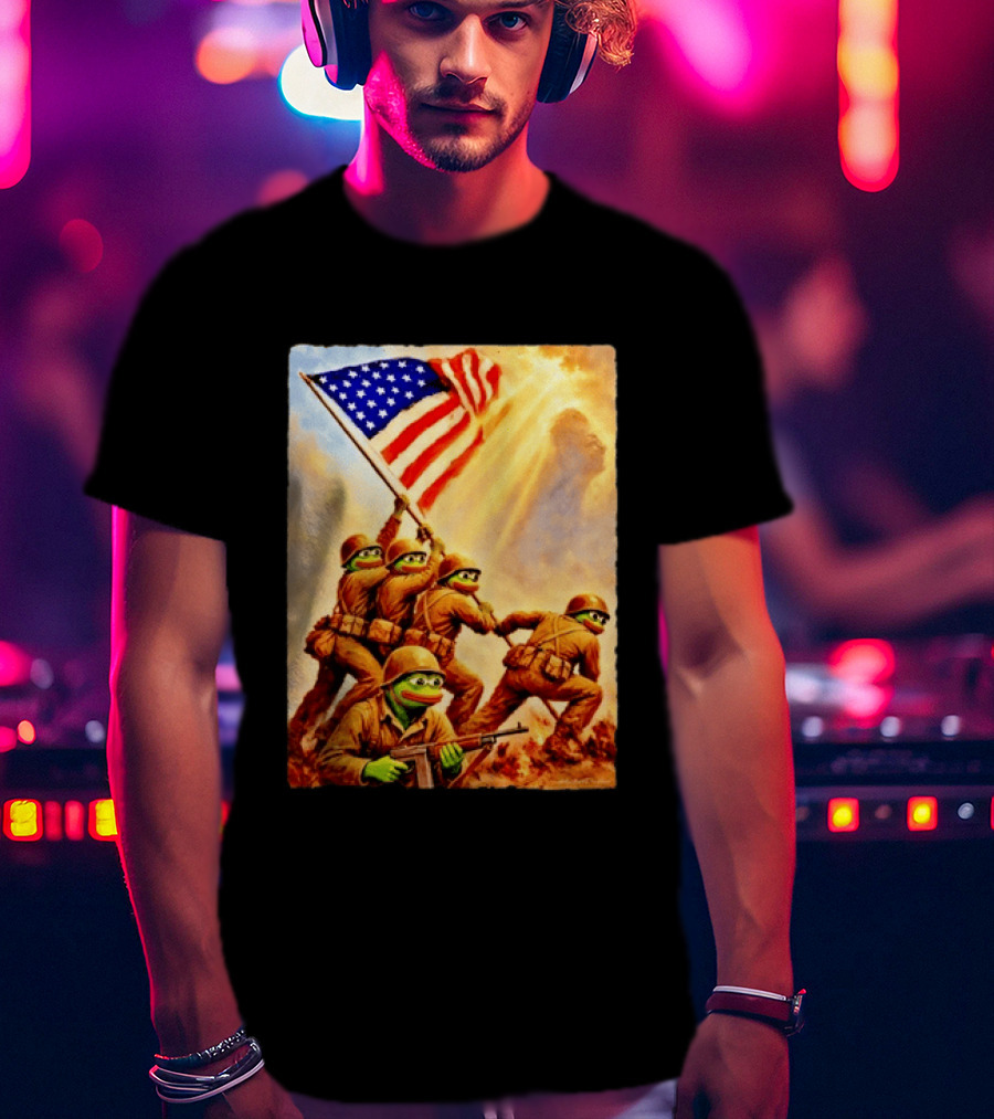 Pepe The Frog American Flag Soldiers Together We Win WWII Iwo Jima Memorial T-Shirt