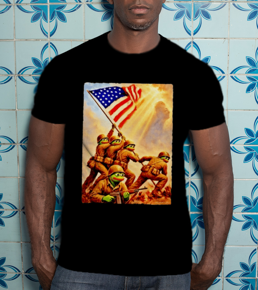Pepe The Frog American Flag Soldiers Together We Win WWII Iwo Jima Memorial T-Shirt