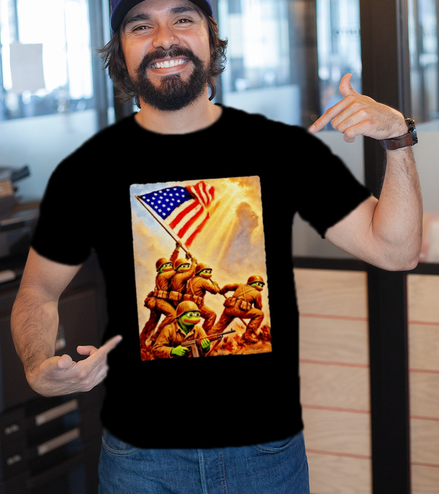 Pepe The Frog American Flag Soldiers Together We Win WWII Iwo Jima Memorial T-Shirt