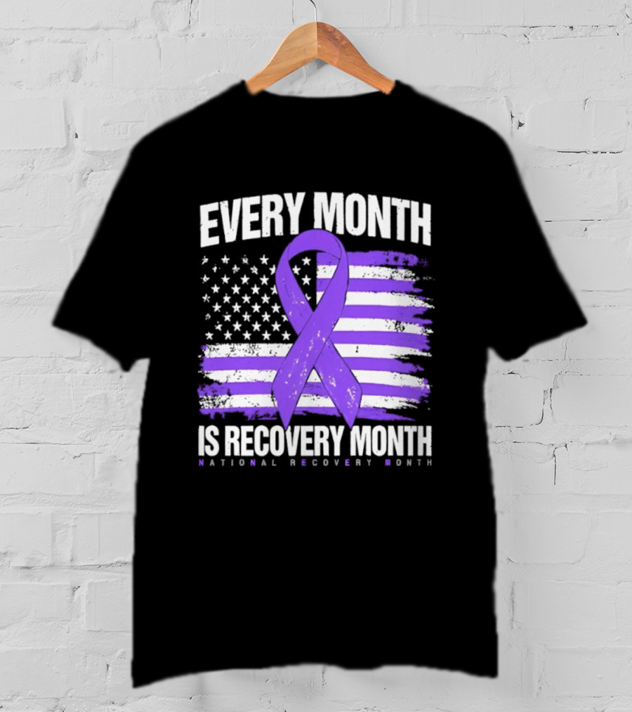 Every Month Is Recovery Month Purple Ribbon American Flag National Recovery Month T-Shirt