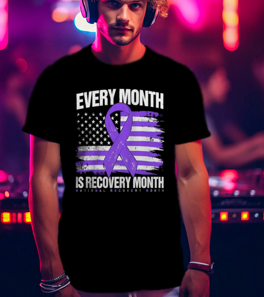 Every Month Is Recovery Month Purple Ribbon American Flag National Recovery Month T-Shirt