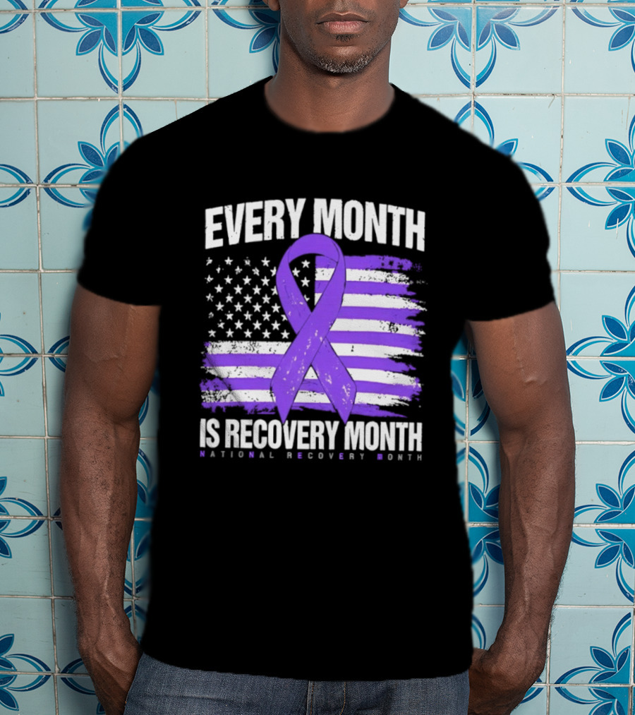 Every Month Is Recovery Month Purple Ribbon American Flag National Recovery Month T-Shirt