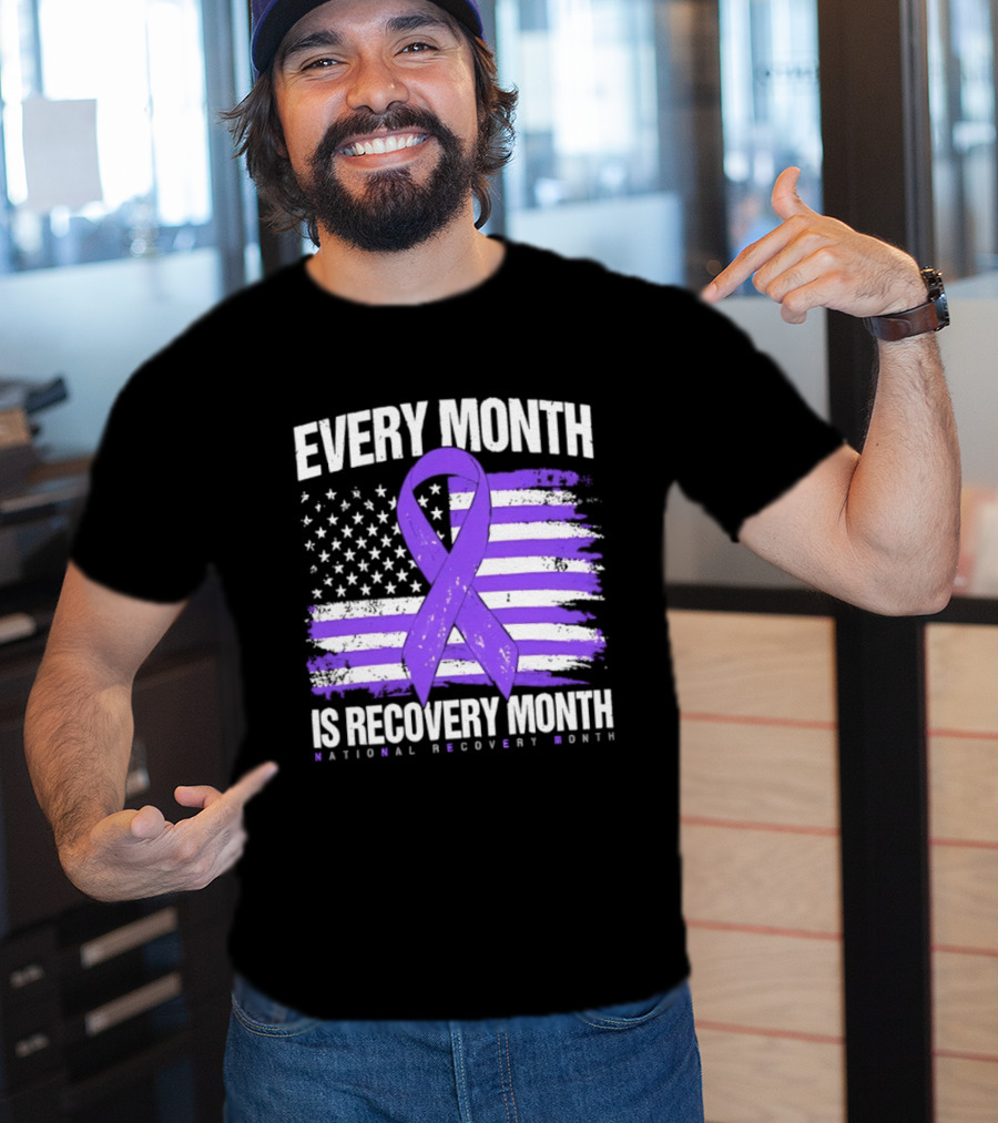 Every Month Is Recovery Month Purple Ribbon American Flag National Recovery Month T-Shirt