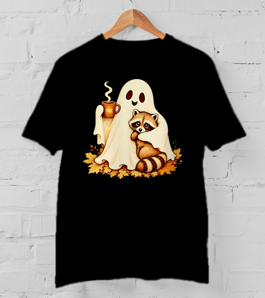 Ghost Hugging Raccoon With Coffee And Autumn Leaves T-Shirt