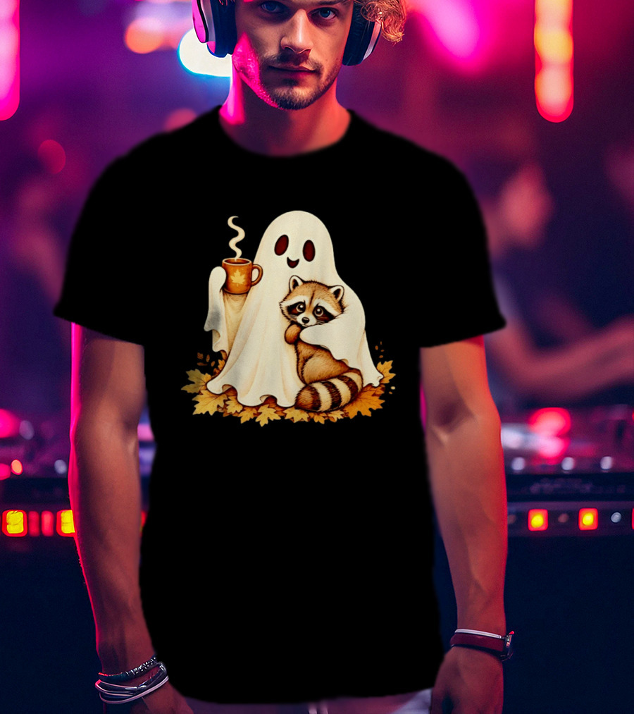 Ghost Hugging Raccoon With Coffee And Autumn Leaves T-Shirt