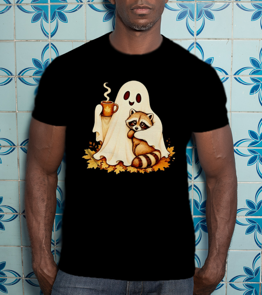 Ghost Hugging Raccoon With Coffee And Autumn Leaves T-Shirt