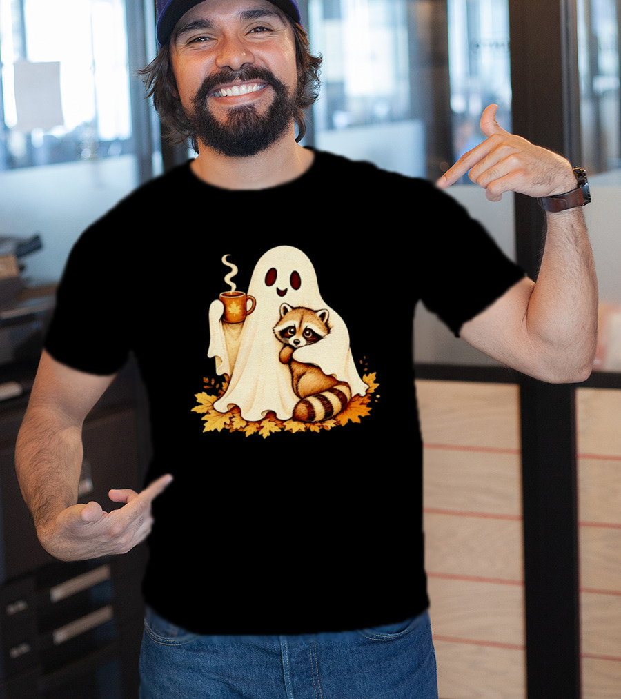 Ghost Hugging Raccoon With Coffee And Autumn Leaves T-Shirt