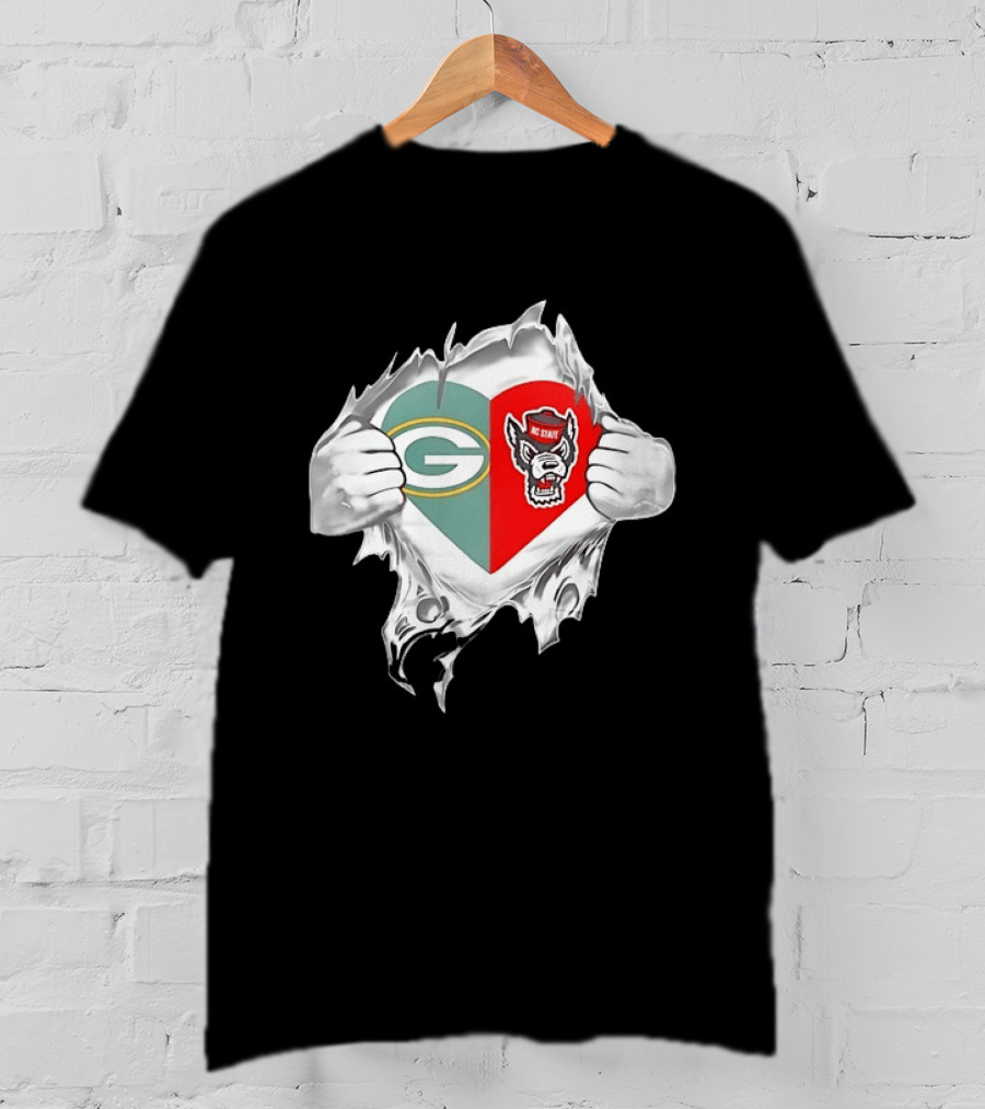 Green Bay Packers NC State Wolfpack Heart Superman Chest Rip T-Shirt