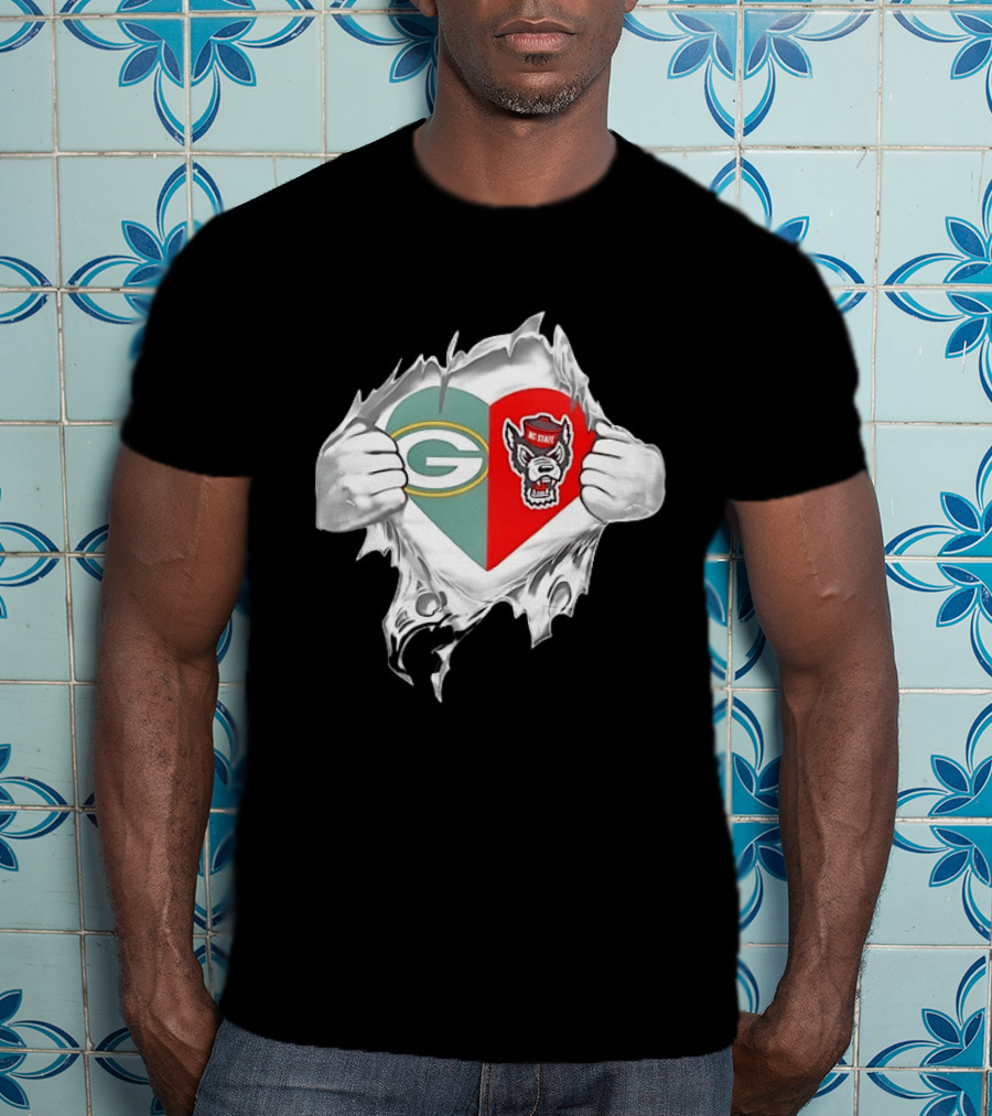 Green Bay Packers NC State Wolfpack Heart Superman Chest Rip T-Shirt