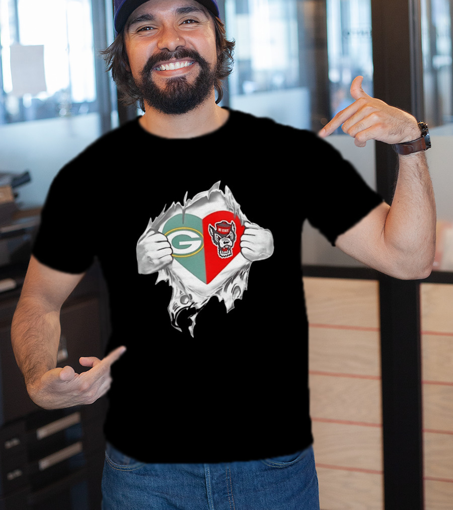 Green Bay Packers NC State Wolfpack Heart Superman Chest Rip T-Shirt