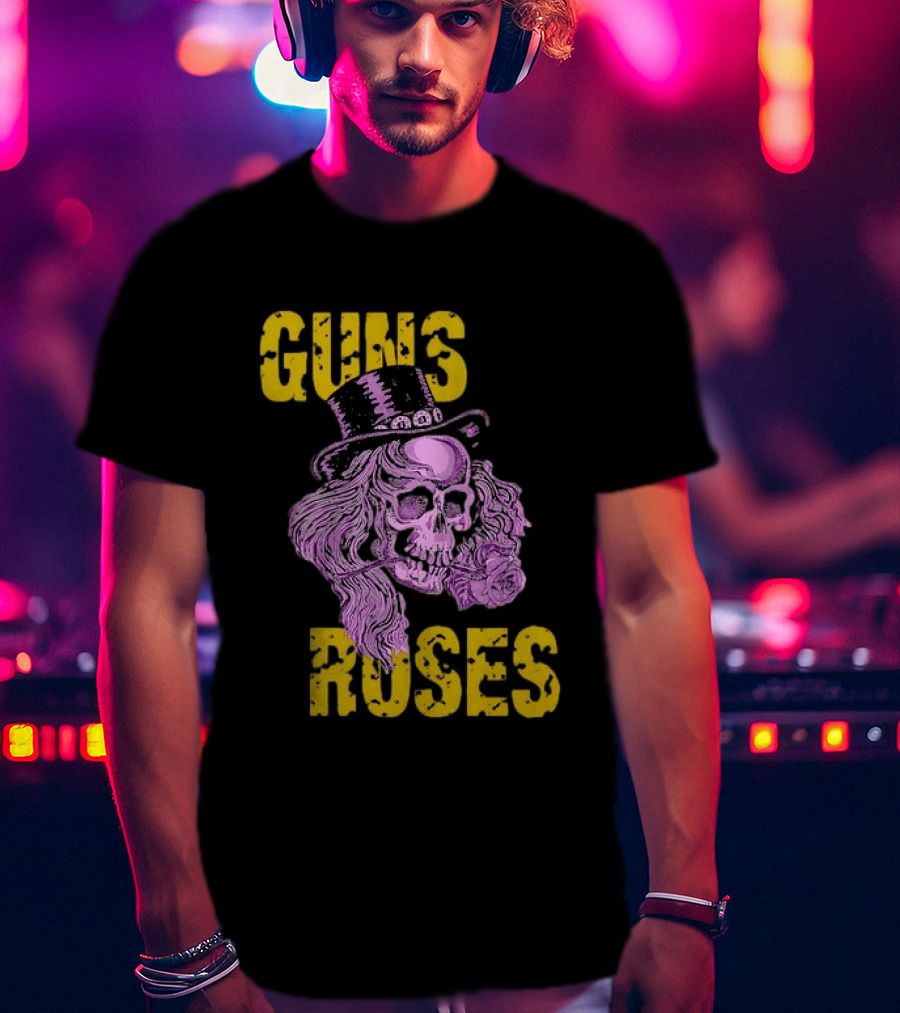 Guns N' Roses Distressed Skull With Top Hat And Roses T-Shirt