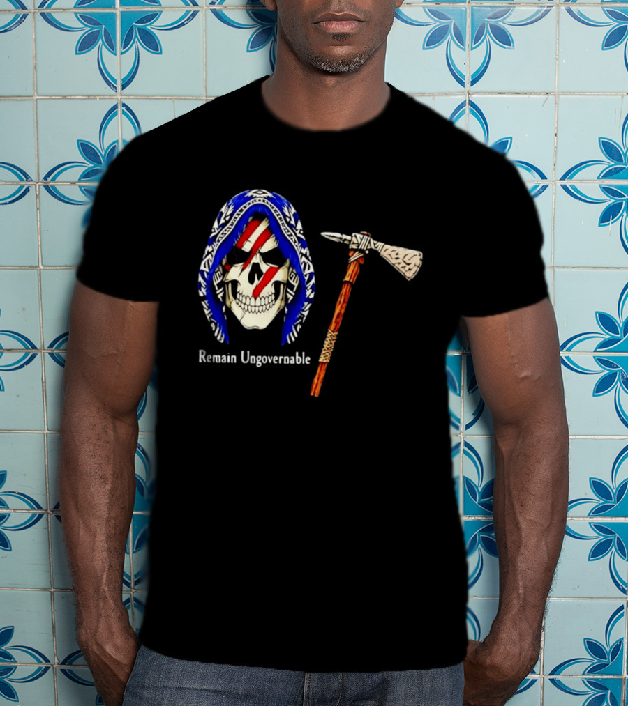 Skull With Tomahawk Remain Ungovernable Hooded Skeleton Red Marks T-Shirt
