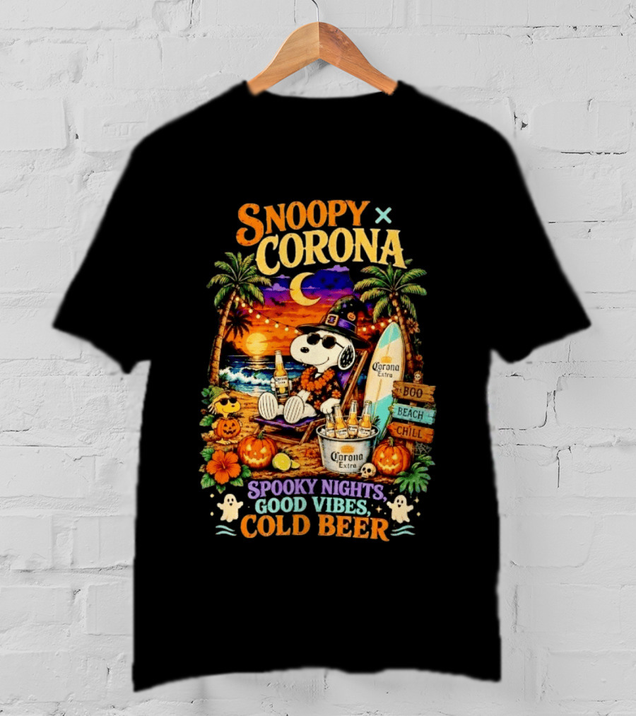 Snoopy X Corona Boo Beach Chill Spooky Nights Good Vibes Cold Beer T-Shirt