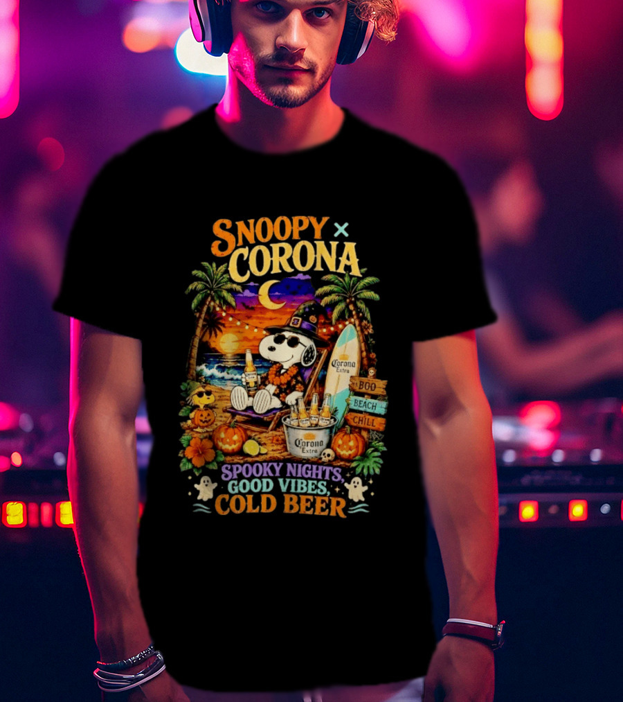 Snoopy X Corona Boo Beach Chill Spooky Nights Good Vibes Cold Beer T-Shirt