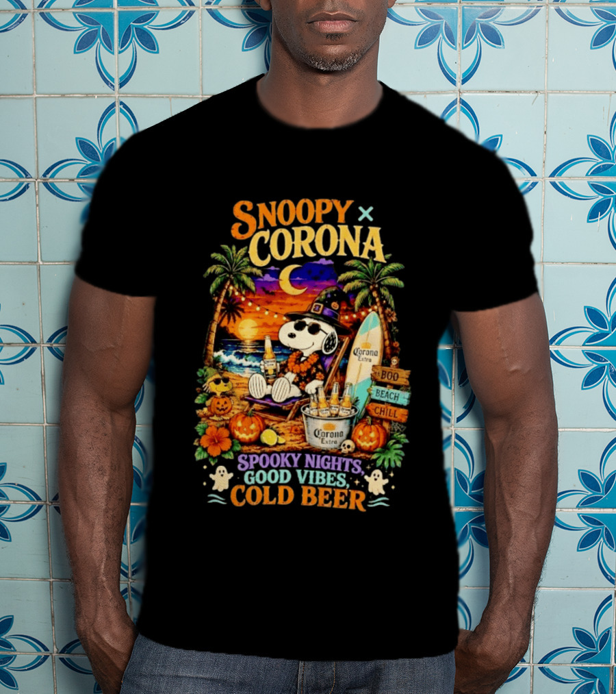 Snoopy X Corona Boo Beach Chill Spooky Nights Good Vibes Cold Beer T-Shirt